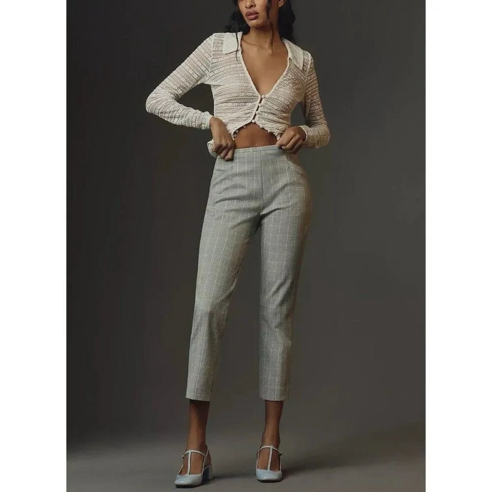 Anthropologie Skinny Trousers Grey Plaid Cropped Pants Women’s 6 TALL Pockets - Picture 1 of 13